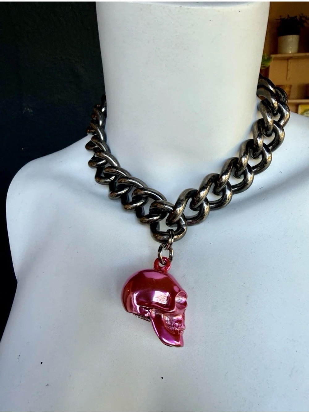 OOAK Thick Heavy Gunmetal necklace with pink solid metal skull